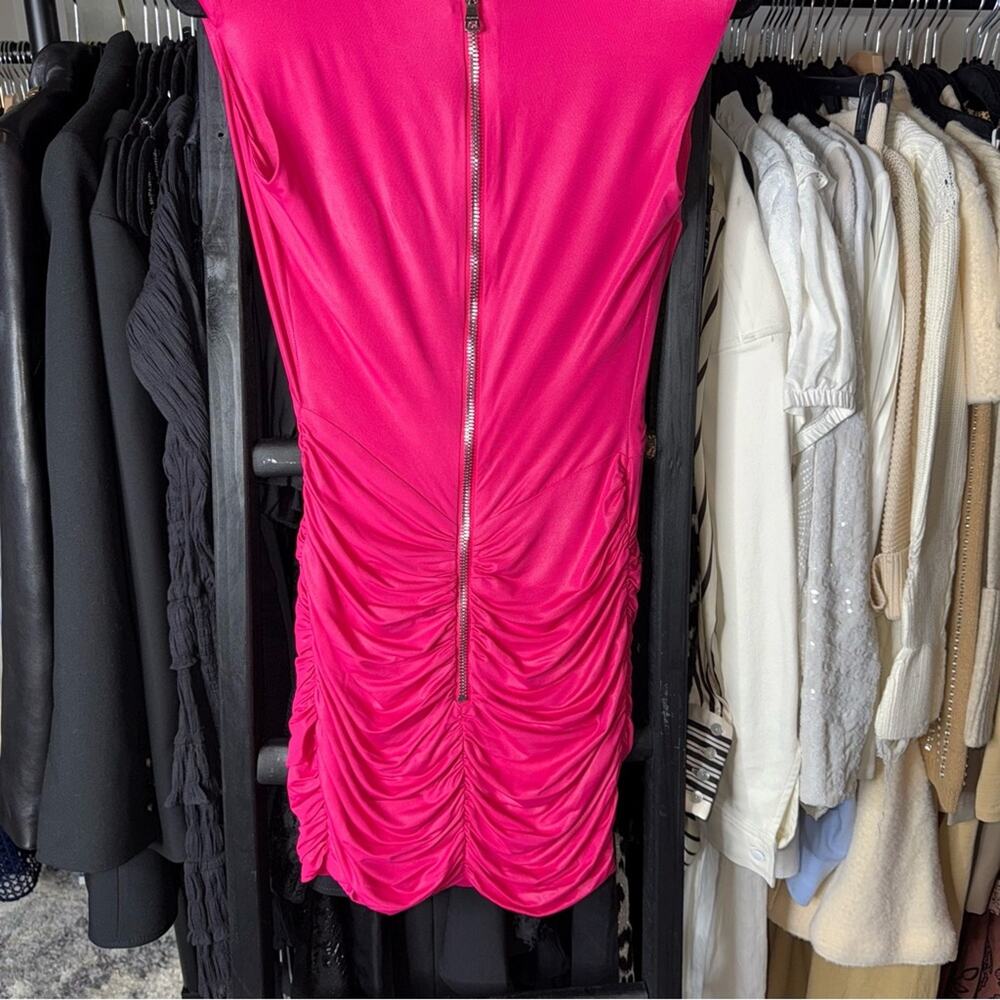 Balmain Fuchsia Ruched Mini Dress Metallic Shine V-Neck Pointed Shoulder - Picture 12 of 16